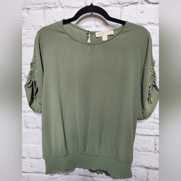 Michael Kors Olive Green Smoked Waist Blouse with Ruched Sleeves L Key hole back - Picture 1 of 9